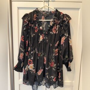 All Saints Pink Ruffled Smocked 3/4 Sleeve Blouse